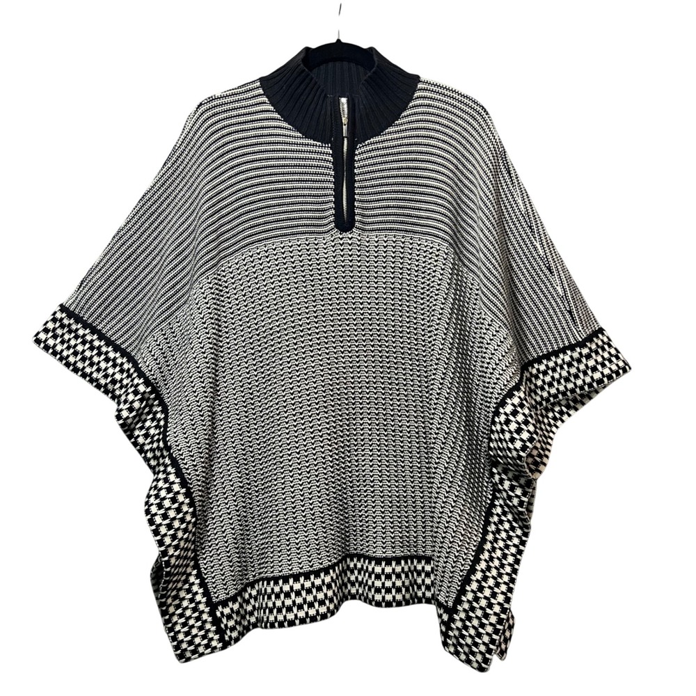 Liz Claiborne Black White Knit Poncho Sweater S/M‎ Geometric Pattern Mock Neck